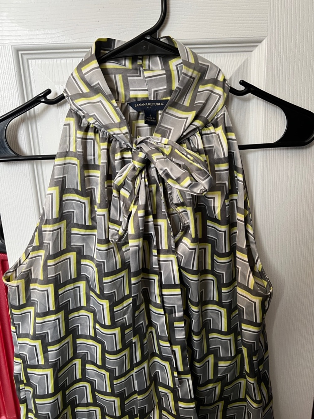 Banana Republic Geometric Tie-Neck Blouse in Gray and Lime